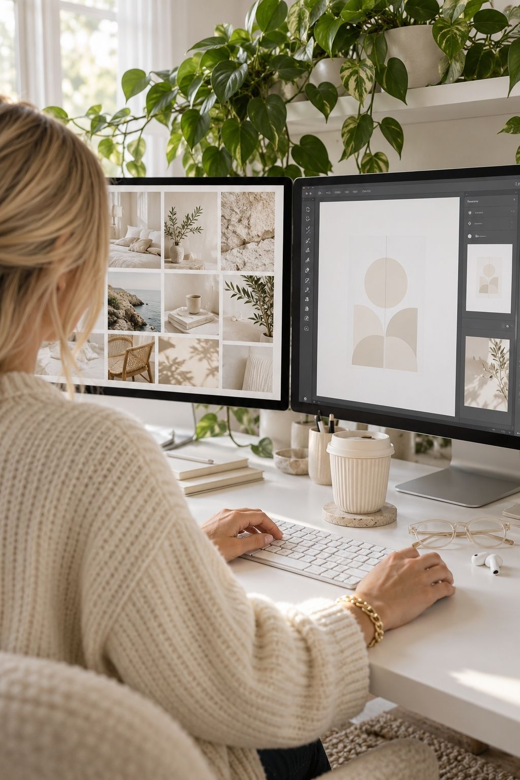 A woman in a cream sweater working across two screens of soft neutral images