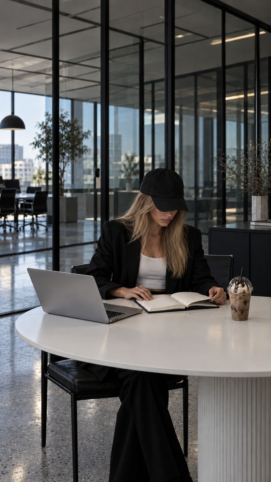 A woman in a black cap writing in a journal beside her laptop in a bright café
