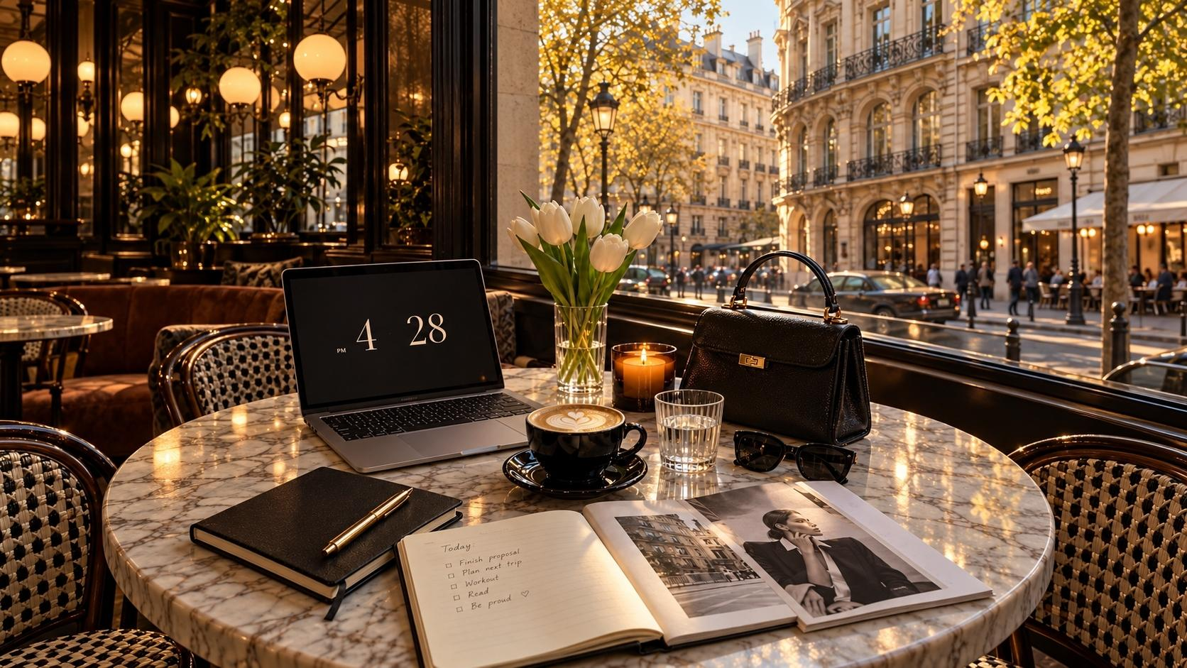 A laptop, journal, tulips and coffee on a candlelit café table along a Paris street