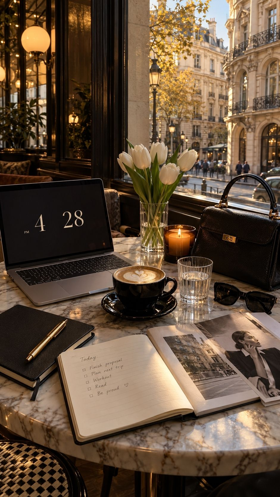 A candlelit café table with a laptop, journal and coffee at dusk