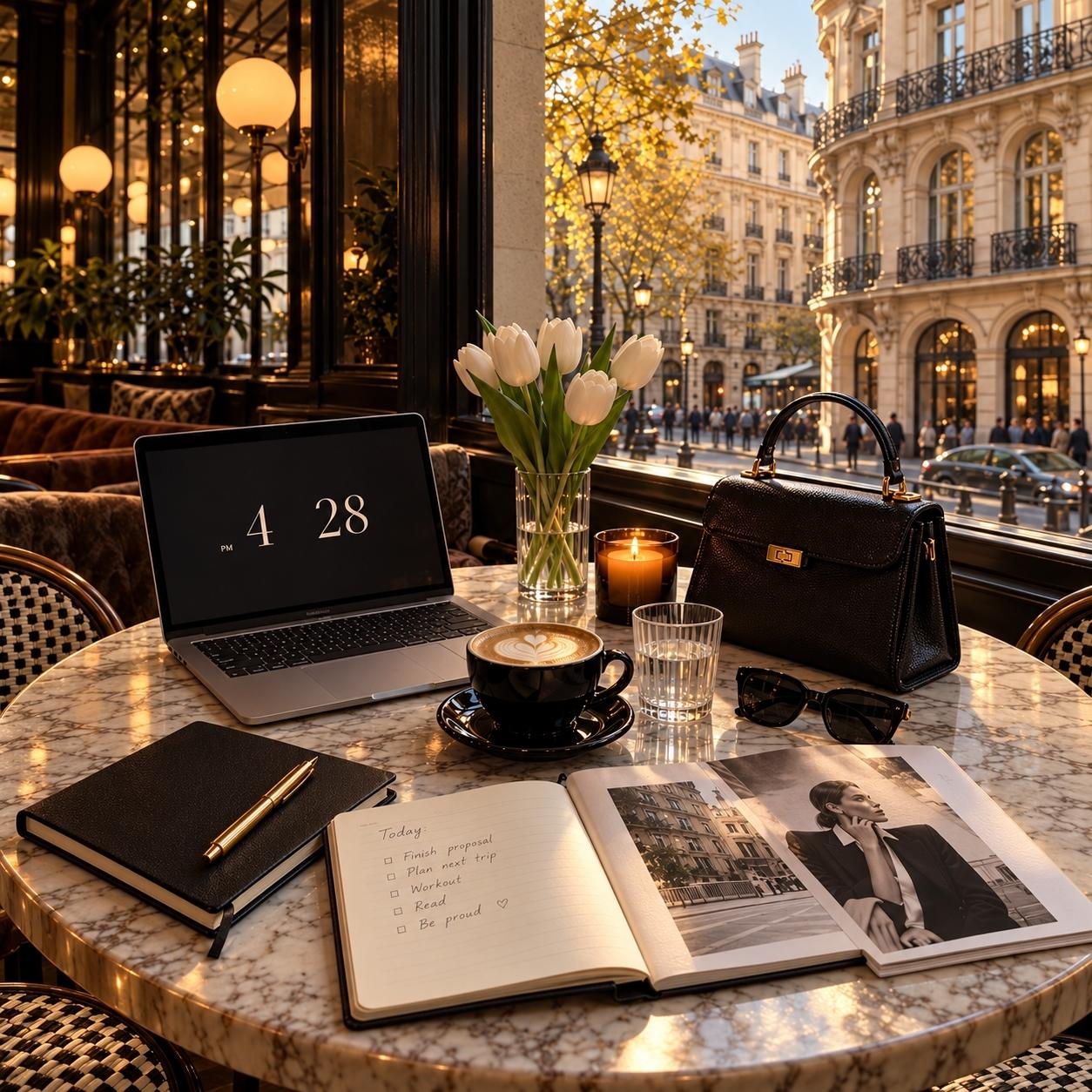 A laptop, journal and coffee on a café table with tulips and candlelight