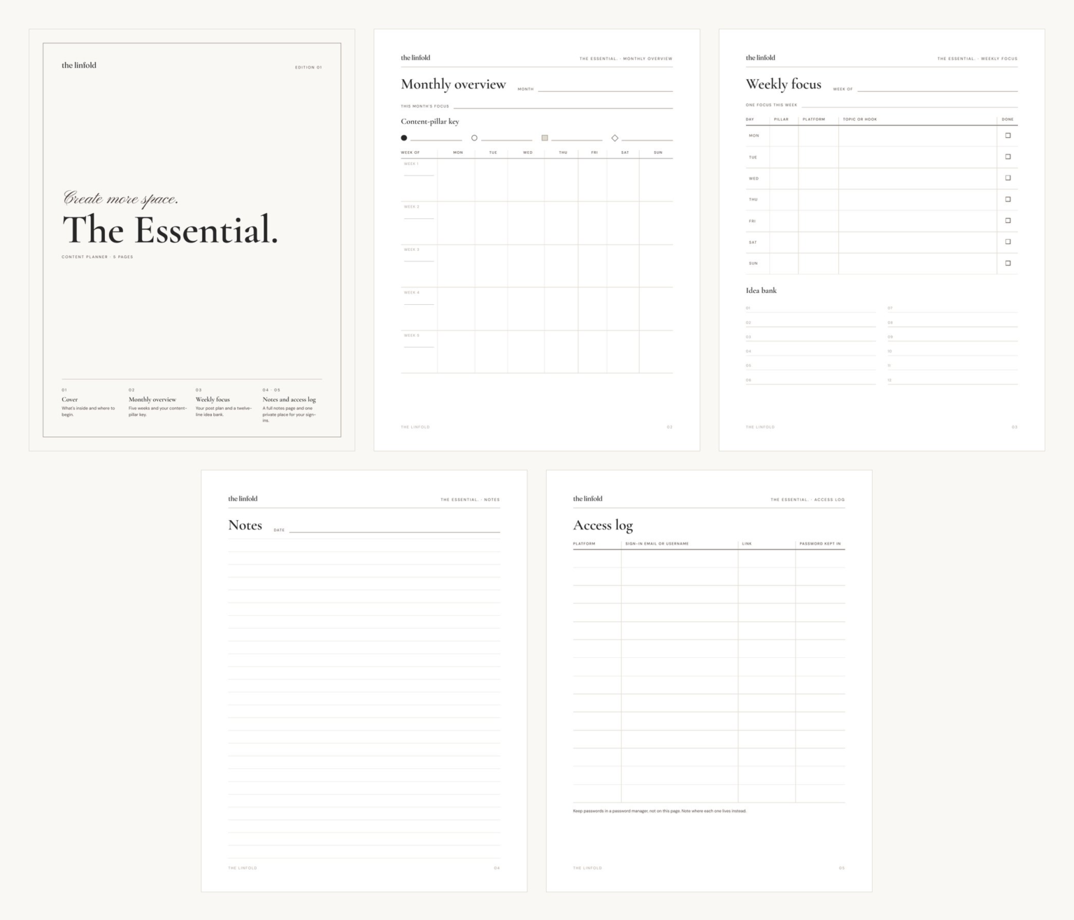 All five pages of The Essential.: cover, monthly overview, weekly focus, notes and access log