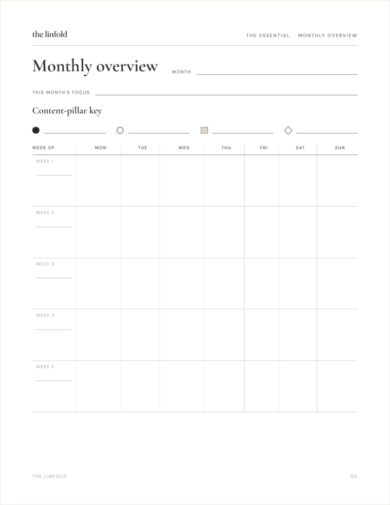 Page 2: the monthly overview, with a content-pillar key and a five-week grid