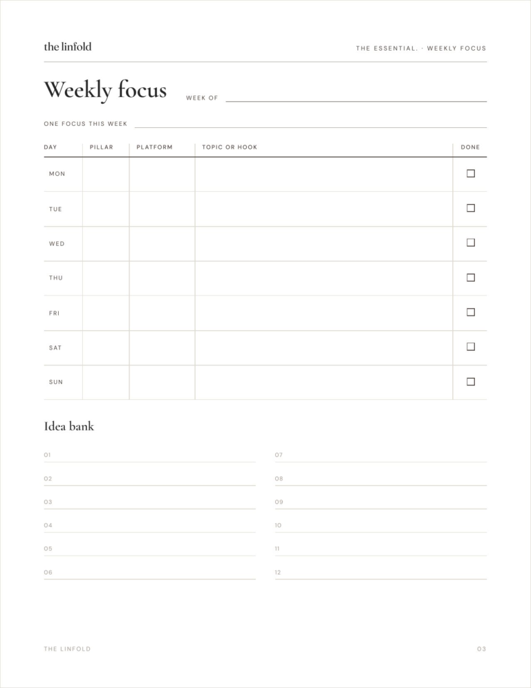 Page 3: the weekly focus, with a seven-day table for pillar, platform and topic, and a twelve-line idea bank