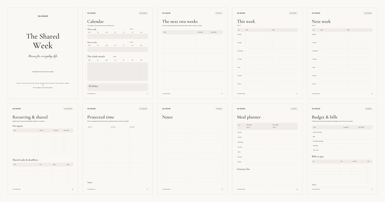 All ten pages of The Shared Week: cover, calendar, the next two weeks, this week, next week, recurring and shared, protected time, notes, meal planner, and budget and bills
