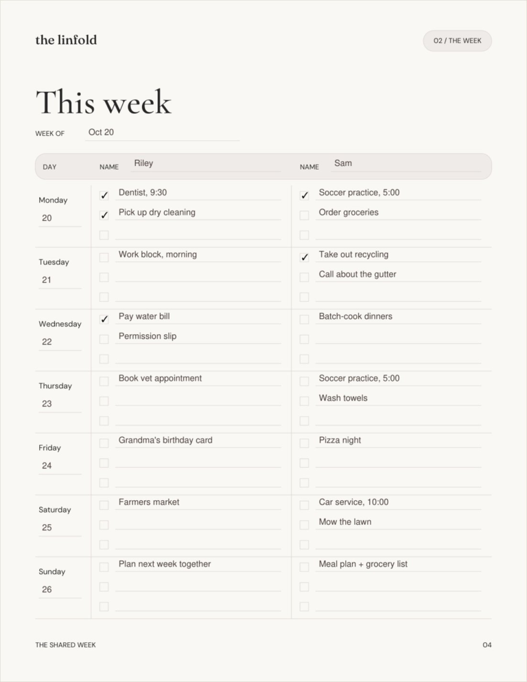 The this week page filled in with a fictional example for two people