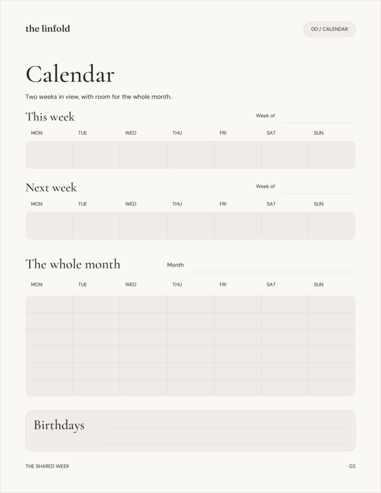 Page 2: the calendar for this week, next week and the whole month, with birthdays