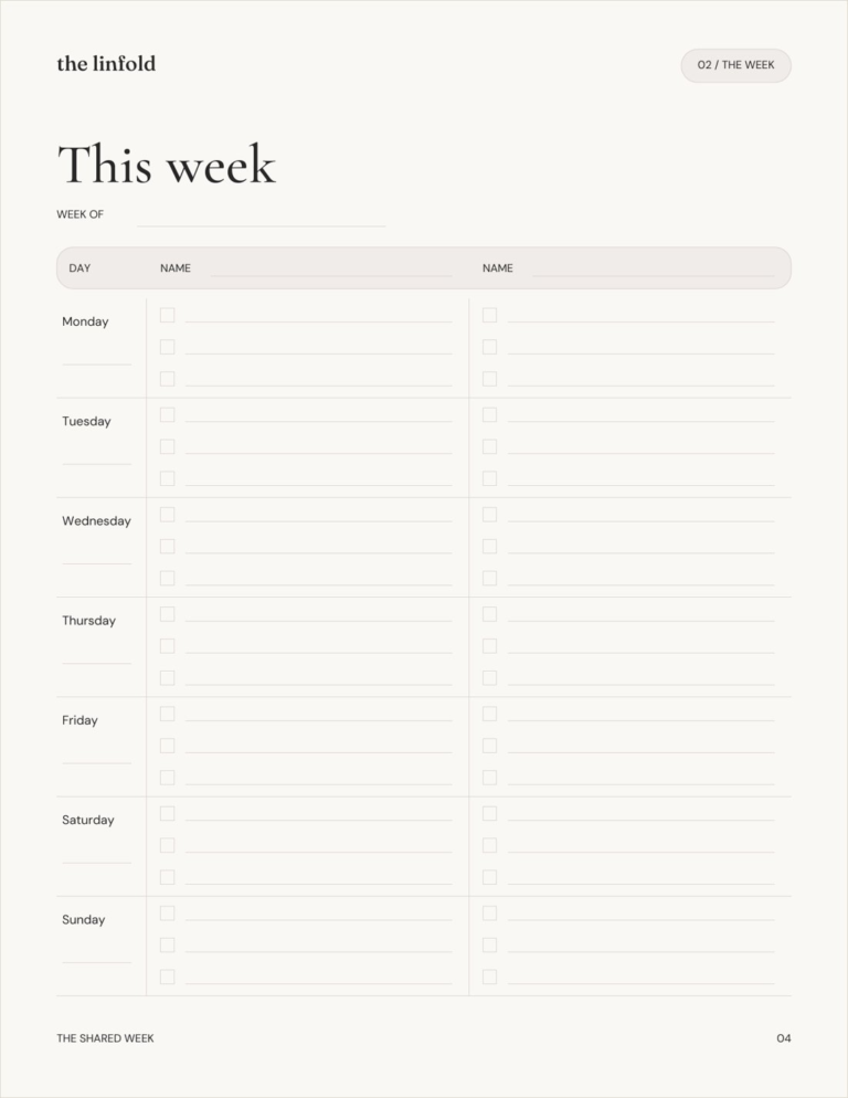 Page 4: the daily plan for this week with space for two names
