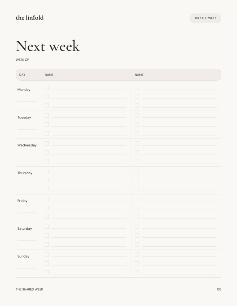 Page 5: the daily plan for next week with space for two names