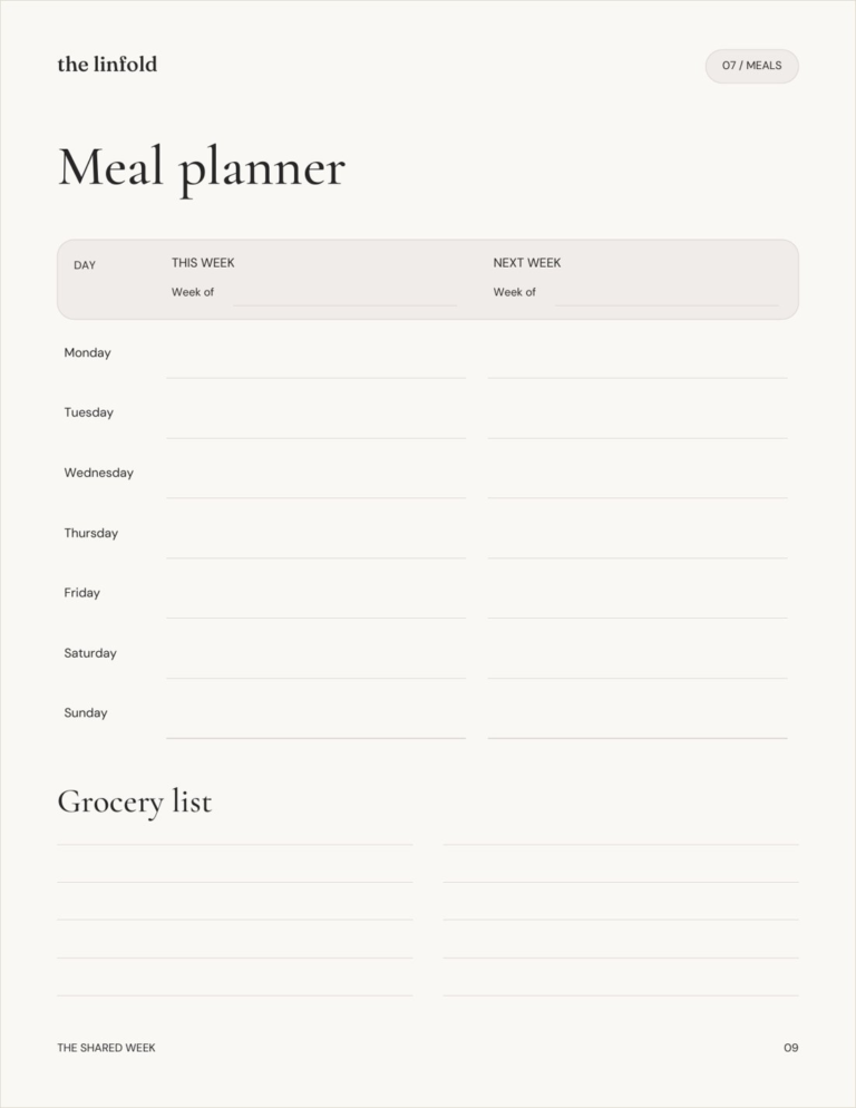 Page 9: two weeks of meals with a grocery list
