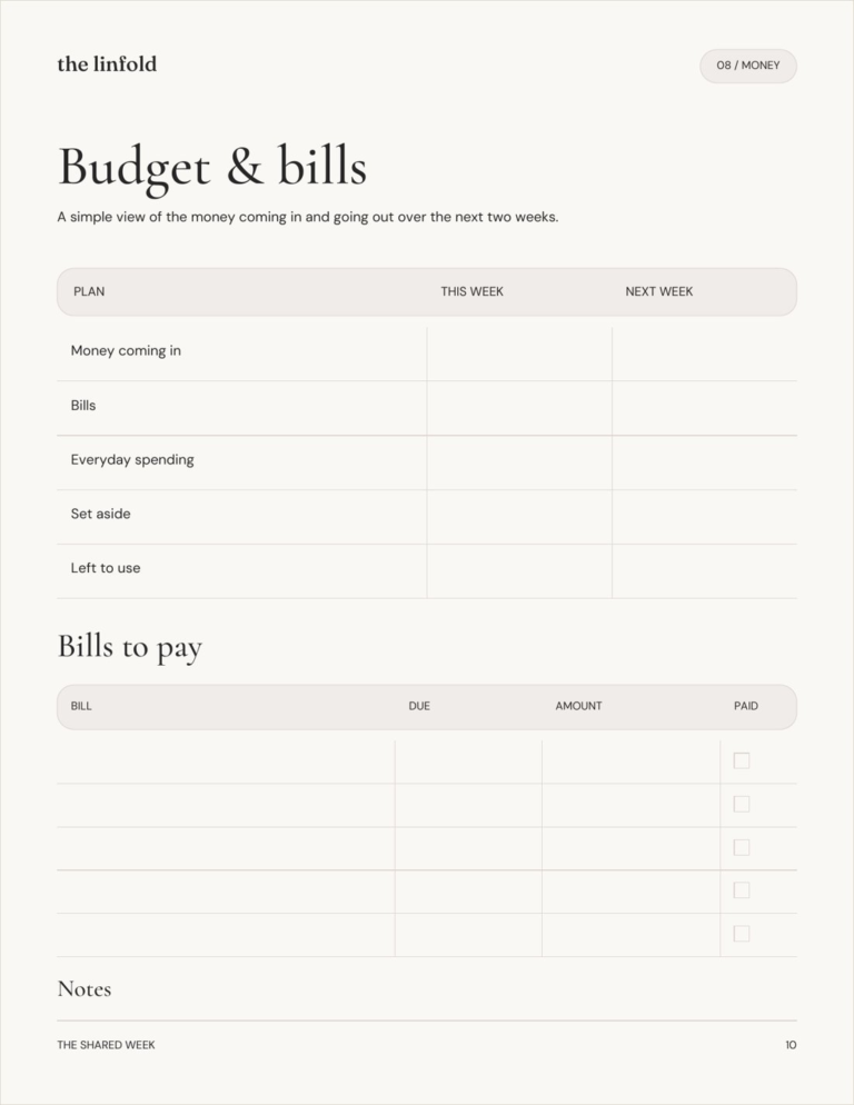 Page 10: money in, bills, spending and a bills-to-pay checklist