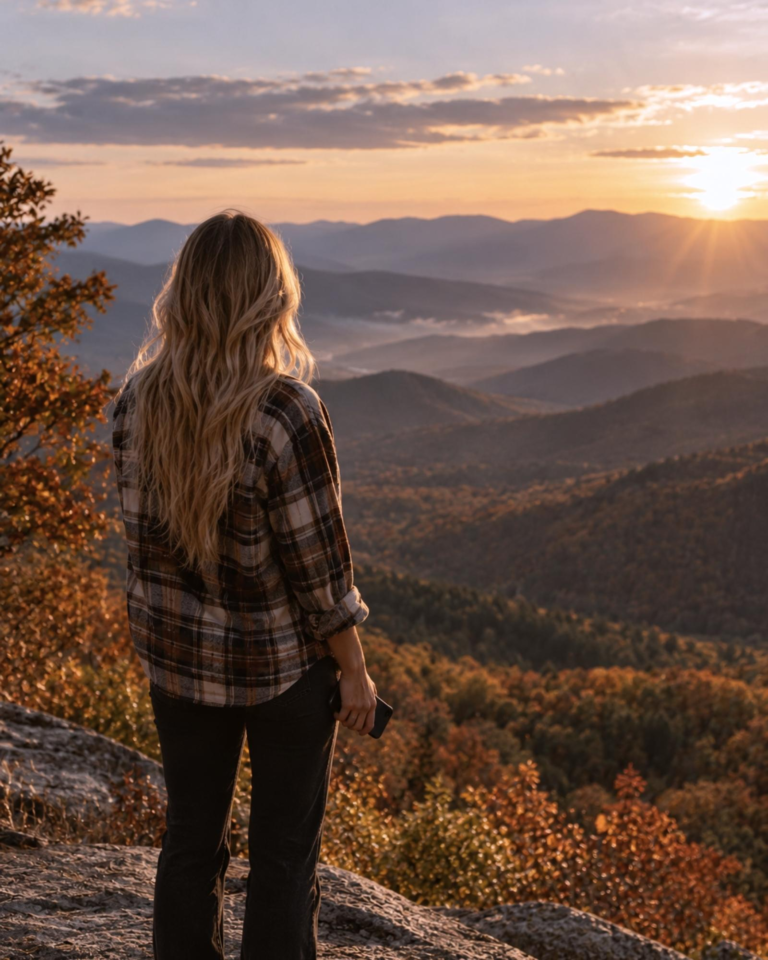 A woman in a plaid shirt looks out over autumn mountains at sunrise