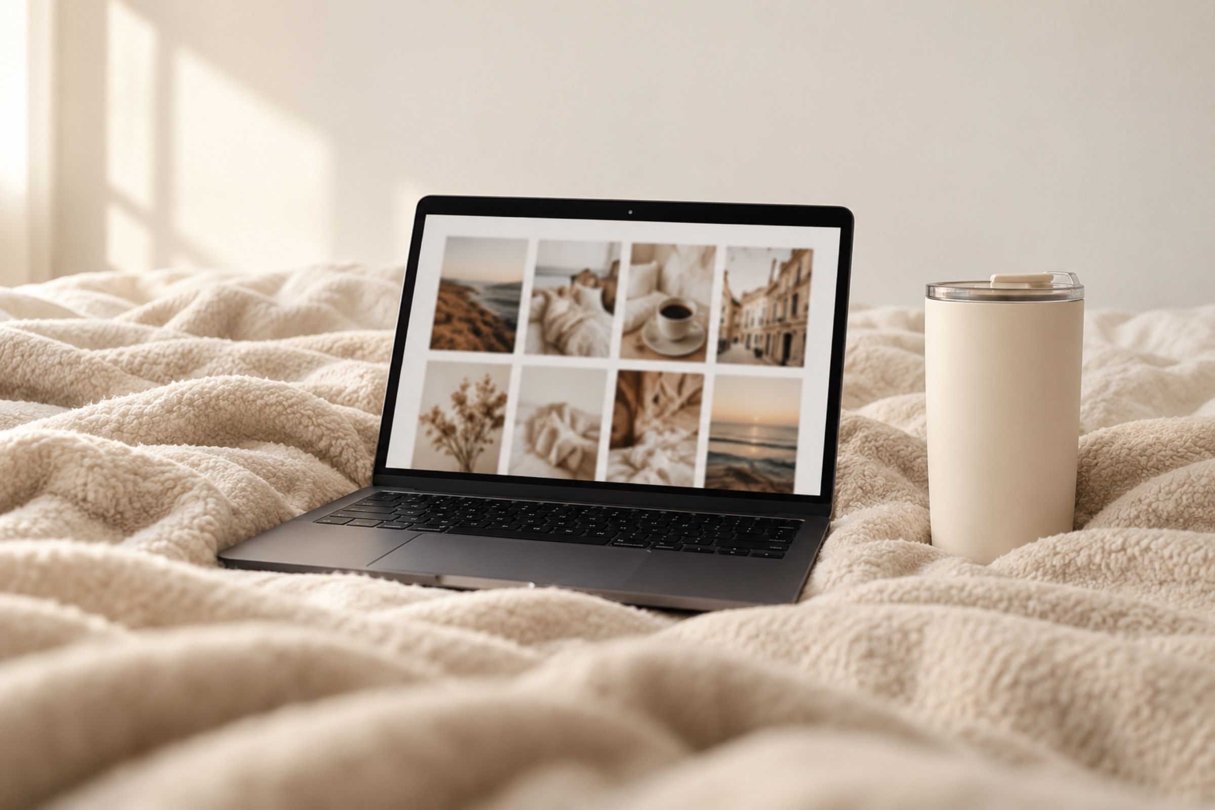 A laptop showing a grid of neutral photos on a soft cream blanket