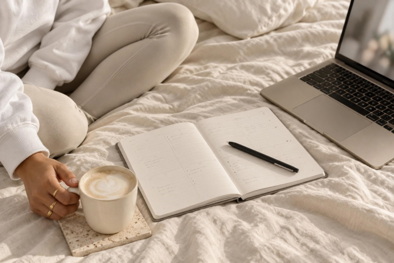 A woman sitting cross-legged on a linen bed with a latte, an open weekly planner, a black pen and a laptop