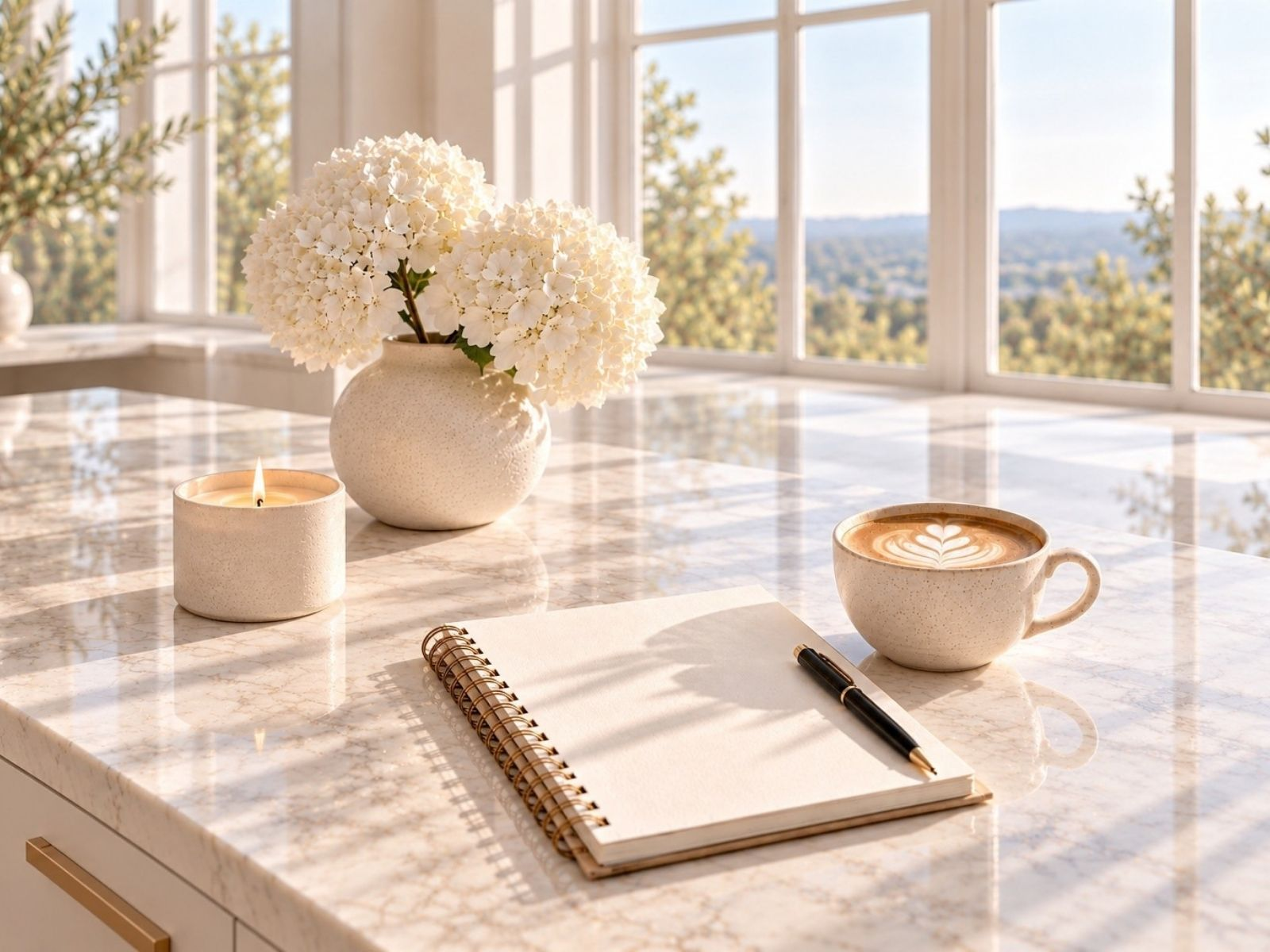 A full view of a white marble kitchen