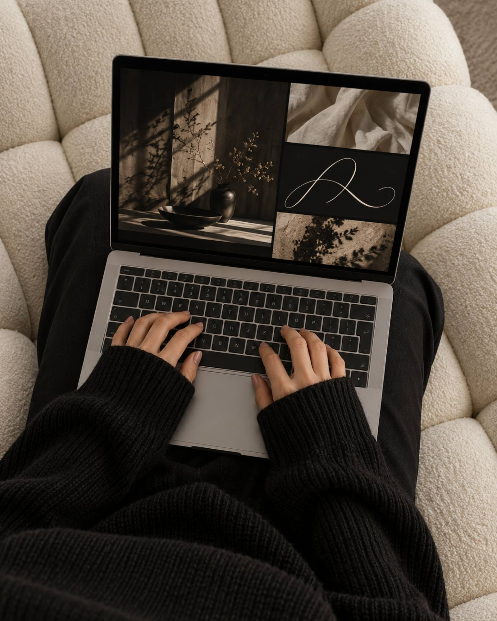 Hands typing on a laptop on a cream bouclé chair, an editorial moodboard on screen