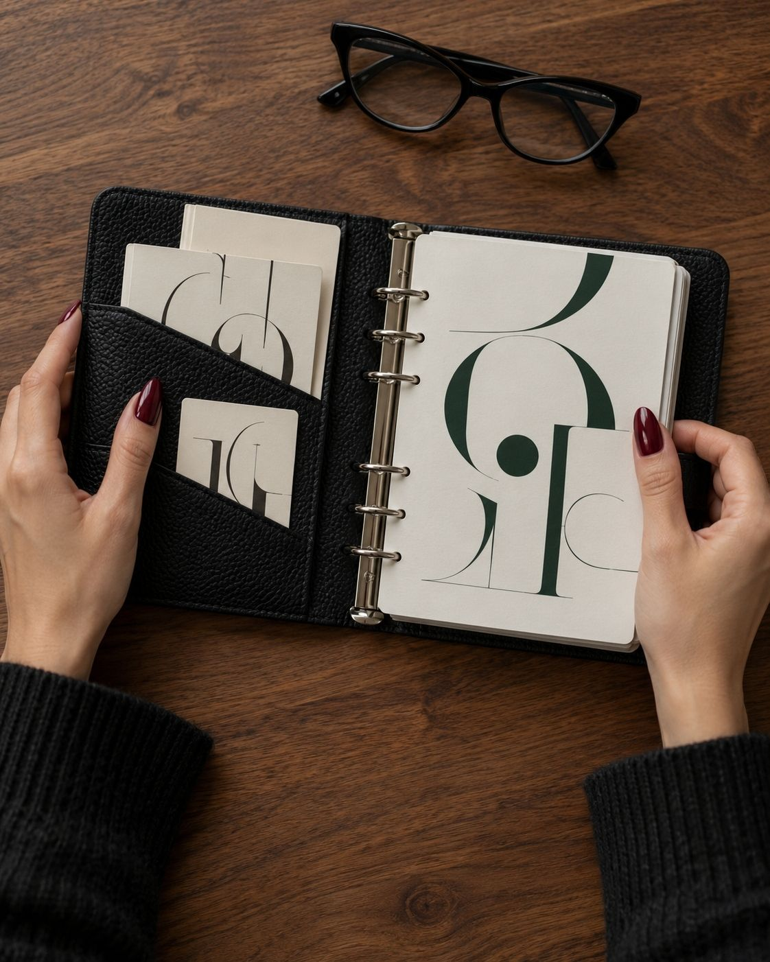 Hands holding an open black planner on a walnut desk