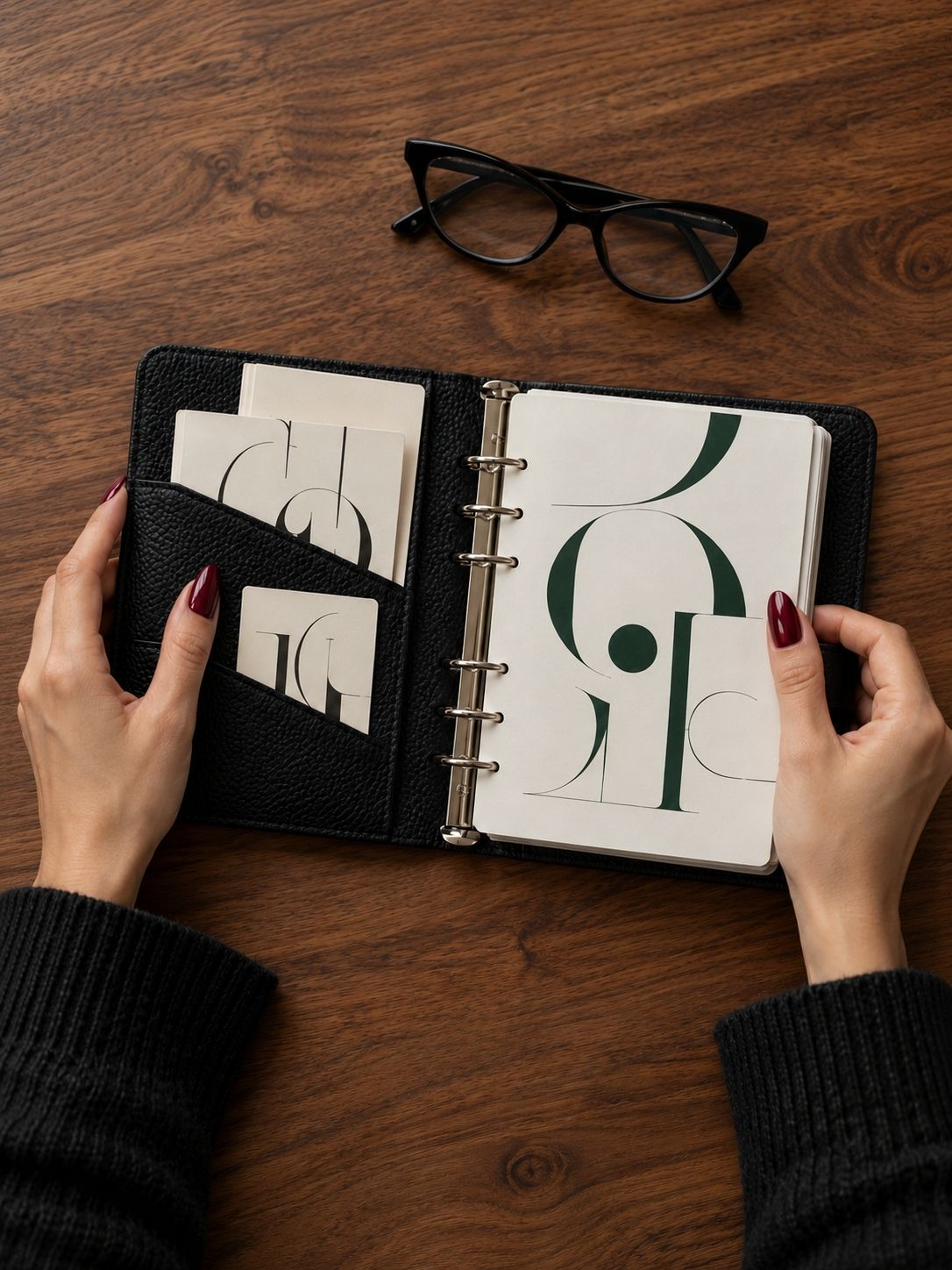 Hands opening a black ring planner beside reading glasses