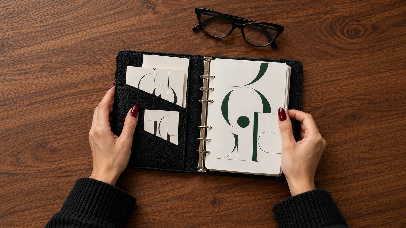 Hands opening a black ring planner on a walnut desk beside reading glasses