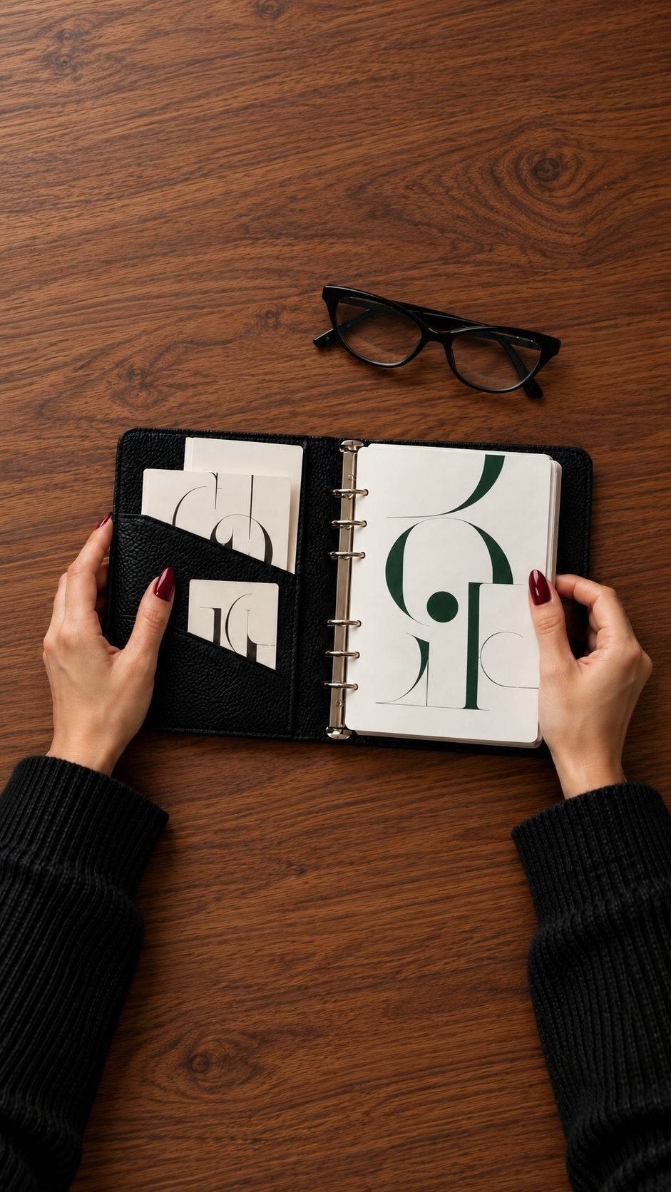 Hands holding an open black planner on a walnut desk