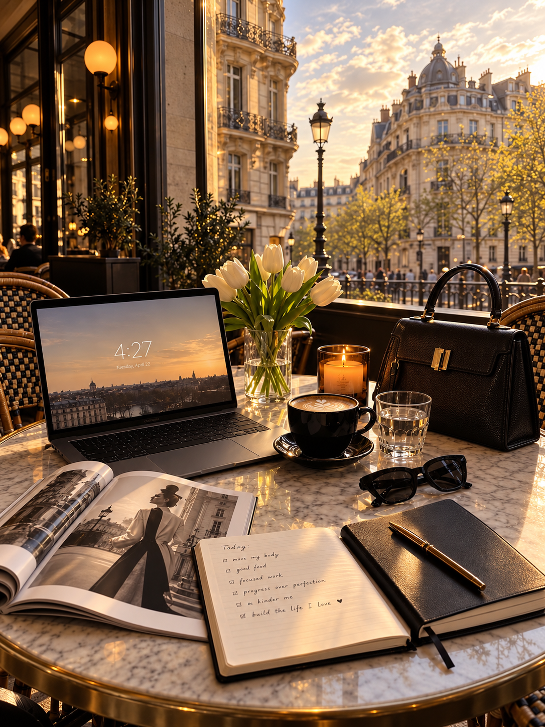A laptop, open journal and coffee on a café table at golden hour, with Paris buildings behind