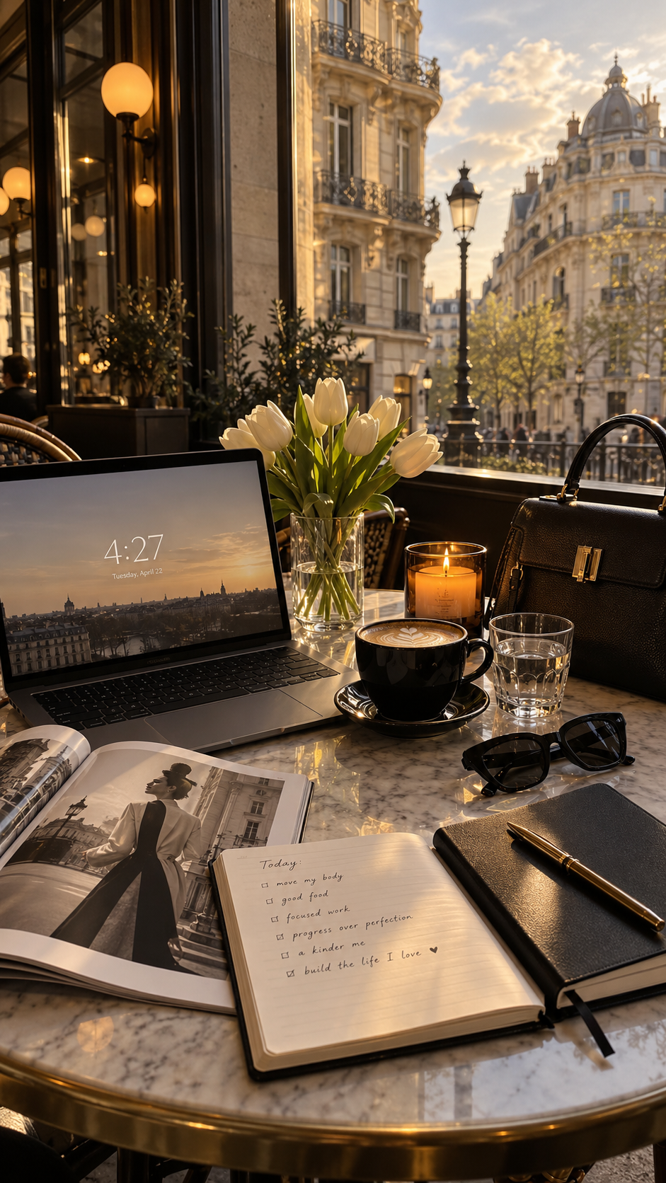 A laptop, coffee and tulips on a café table overlooking a Paris street