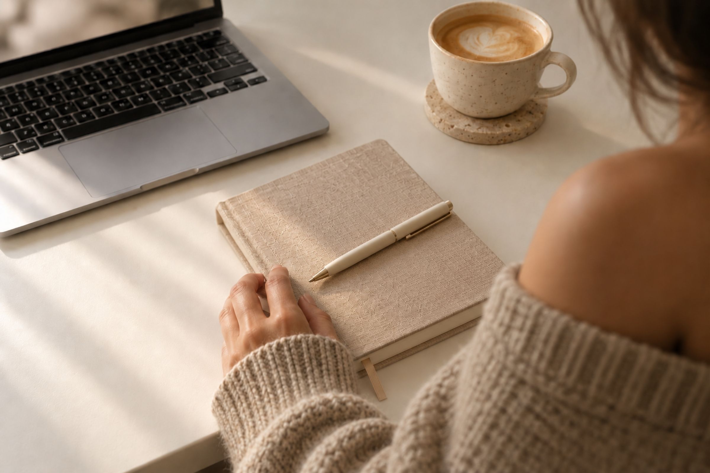A hand resting on a linen notebook with a cream pen, beside a laptop and a latte on a travertine coaster